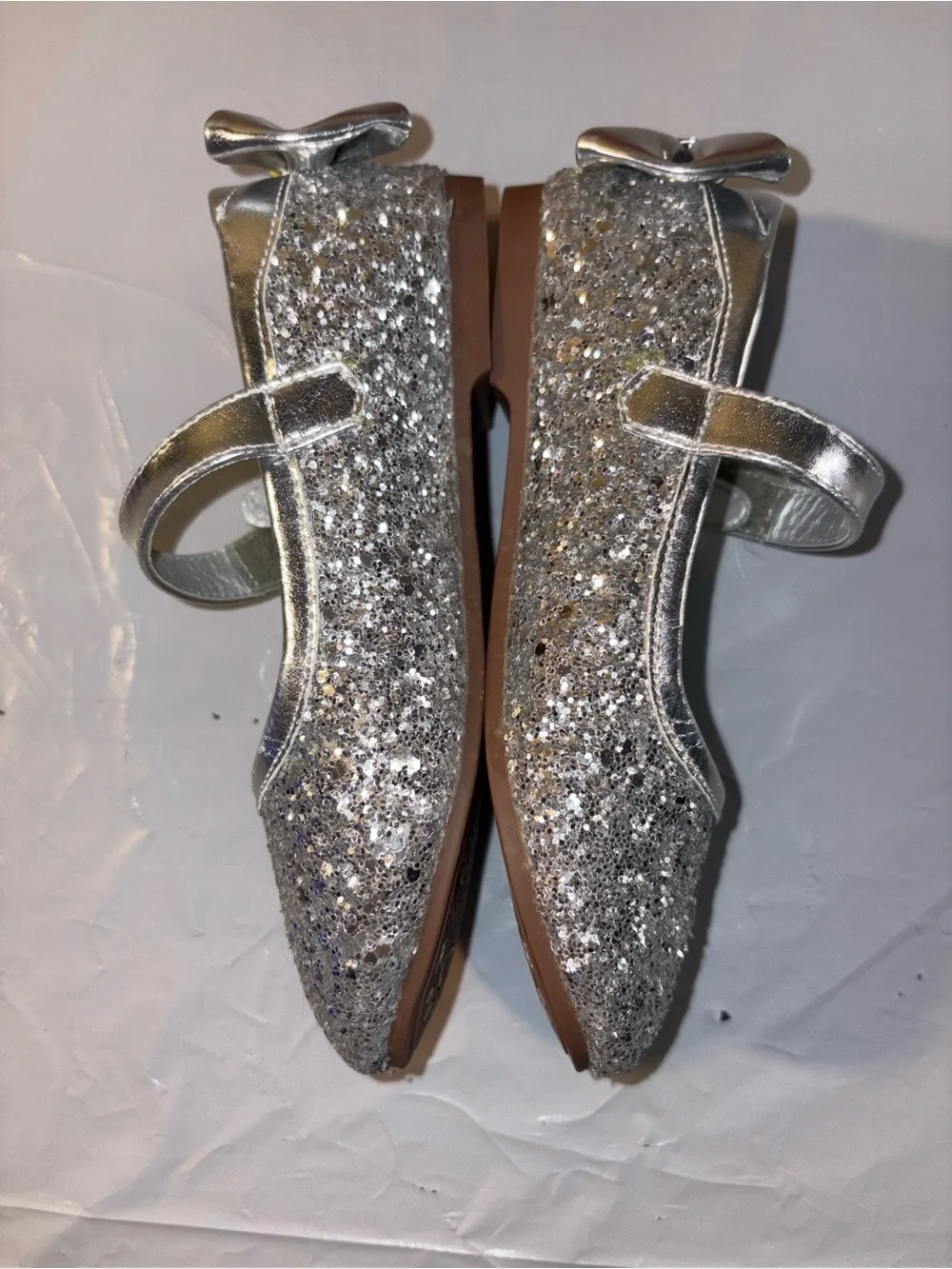 EUC Silver Sequined Mary Jane Dress Shoes, Hook/Loop Closure, Cushioned, Angela